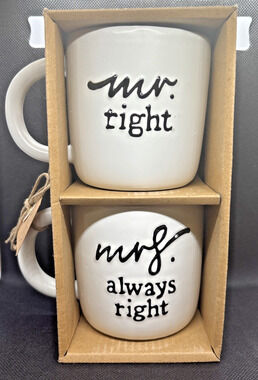 NWT Mud Pie Mr right & Mrs always right Coffee Mugs Engagement Wedding Newlywed
